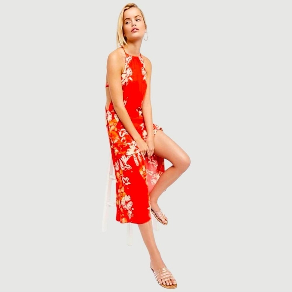 Free People Back To You Vibrant trendy Floral Cutout Long Boho Halter Dress